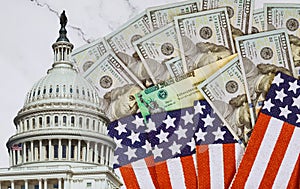 Financial a stimulus bill individual checks from government US 100 dollar bills currency American flag Global pandemic Covid 19