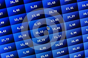 Financial and stock exchange data on computer screen. Shallow DOF effect. Colored ticker board on bar chart data. Financial photo