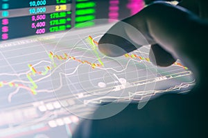 Financial stock market data. Candle stick graph chart of stock m