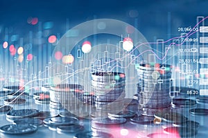 Financial stock market graph and rows of coins growth, abstract and symbol for finance concept, business investment and currency