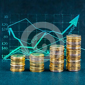 Financial stock market graph and rows of coins growth, abstract and symbol for finance concept, business investment and currency