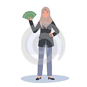 Financial Success concept. muslim Woman in Hijab Holding Money Fan