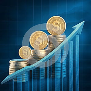 Financial success illustrated coins atop upward trending chart