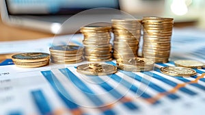 Financial Success: A Towering Stack of Coins with Upward Growth on Business Marketing Graph