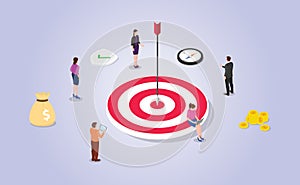 Financial target with big dart and money with team work people with isometric modern flat style - vector