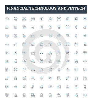 Financial Technology and FinTech vector line icons set. FinTech, Financial, Technology, Banking, Payments, Blockchain