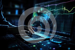 Financial technology. KPI Dashboard on virtual screen. Big data analytics visualization technology scientist analyzing