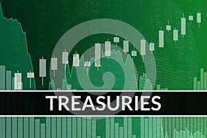 Financial term Treasuries on green finance background from graphs, charts, columns, candles, bars, numbers. 3D render