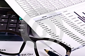 Financial tools, calculator, pen and spectacles over a financial report