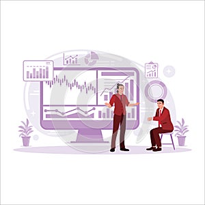 Financial trading manager performs stock market analysis for investment strategy with financial data and charts.