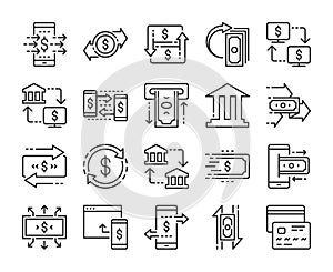 Financial transactions icons. Money transfers line icon set. Editable Stroke.