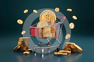 Financial transactions visualized shopping cart and golden coin rendering