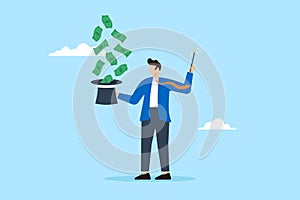 Financial wizard make money with magic wand and hat in flat design