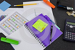 Financial workers desk showing a spreadsheet and graphs