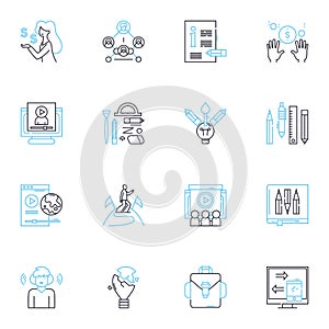 Financial workshop linear icons set. Invest, Budget, Savings, Credit, Debt, Taxes, Retirement line vector and concept