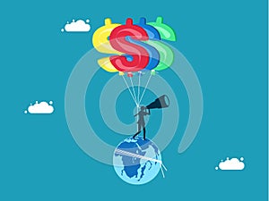 financial world. World economy and finance. The world is hung with dollar sign balloons. businessman looking for investment