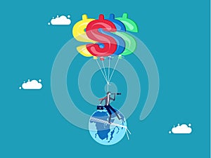 financial world. World economy and finance. The world is hung with dollar sign balloons. businessman looking for investment