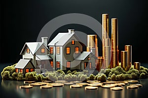 Financially grounded 3D home on coins embodies real estate success