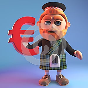 Financially minded Sottish man in kilt holding a Euro currency symbol, 3d illustration