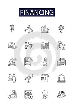 Financing line vector icons and signs. Funding, Investing, Credit, Bankruptcy, Bank, Debtor, Creditor, Obligation