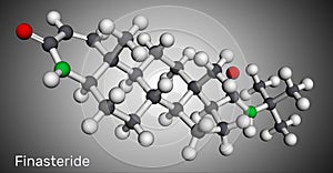 Finasteride molecule. It is used to treat symptoms of benign prostatic hypertrophy and male pattern baldness. Molecular model. 3D