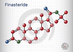 Finasteride molecule. It is used to treat symptoms of benign prostatic hypertrophy and male pattern baldness. Sheet of paper in a