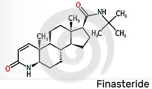 Finasteride molecule. It is used to treat symptoms of benign prostatic hypertrophy and male pattern baldness. Skeletal chemical