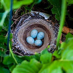 Finch nest with four small blue colored speckled eggs