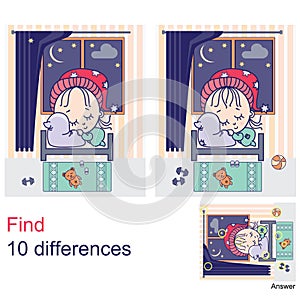 Find 10 differences - a babyâ€™s sweet dream at night in the room a toy bear outside the window the moon and stars