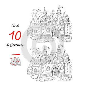 Find 10 differences. Black and white illustration of medieval castle. Logic puzzle game for children and adults. Page for kids