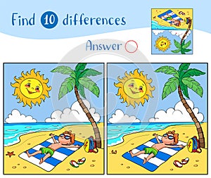 Find 10 differences. The boy sunbathes on the beach with a palm tree near the sea, the sun looks at him and smiles.