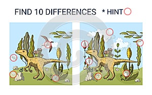 Find 10 differences. Cartoon dinosaur.