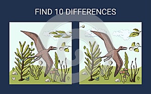 Find 10 differences. Cartoon dinosaur.