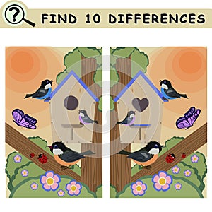 Find 10 differences. Cartoon tree, bird, bird house, ladybug, butterfly.