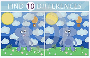 Find 10 differences. Childrens Card with blue fanny monster