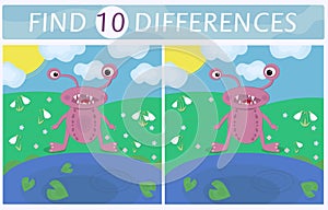 Find 10 differences. Childrens Card with pink fanny monster