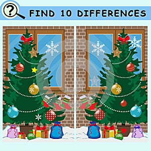 Find 10 differences. Christmas tree with decoration, balls, gifts, house wall, window, snowflakes.