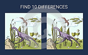 Find 10 differences. Dino llustration.
