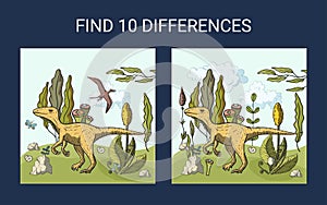 Find 10 differences. Dinosaur llustration.