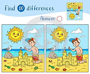 Find 10 differences. Educational game for children. The boy is building a sandcastle on the beach near the sea.