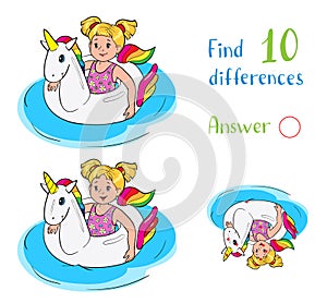 Find 10 differences. Educational game, little girl swim on unicorn rubber ring in the water