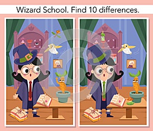 Find 10 differences. Educational puzzle game for children. Cute girl witch with magic wand in wizard school. Interior