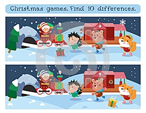 Find 10 differences. Game for children. A cute elf rides a train on Christmas Eve. Animals in the winter forest. Vector