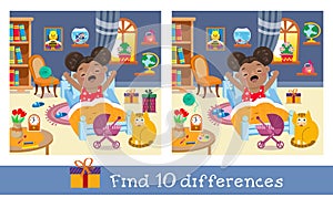 Find 10 differences. Game for children. Cute little girl wakes up. Hand drawn full color illustration. Vector flat