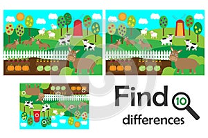 Find 10 differences, game for children, farm animals and garden cartoon, education game for kids, preschool worksheet