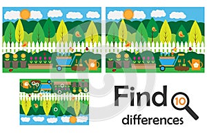 Find 10 differences, game for children, garden cartoon, education game for kids, preschool worksheet activity, task for the