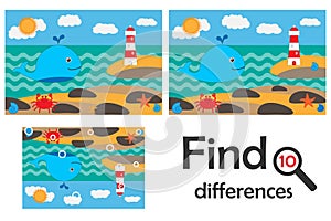 Find 10 differences, game for children, ocean life in cartoon style, education game for kids, preschool worksheet activity, task