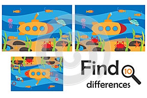 Find 10 differences, game for children, sea world underwater in cartoon style, education game for kids, preschool worksheet