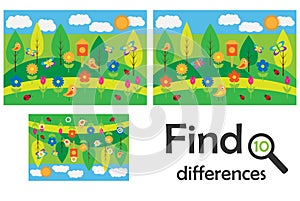 Find 10 differences, game for children, spring cartoon, education game for kids, preschool worksheet activity, task for the