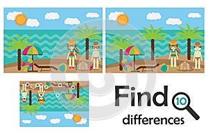 Find 10 differences, game for children, summer beach in cartoon style, education game for kids, preschool worksheet activity, task